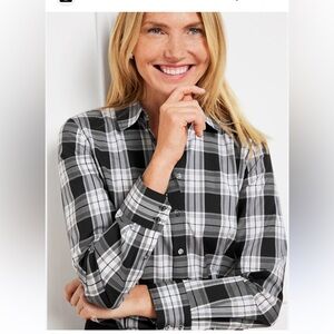 Talbots non iron cotton perfect shirt parade plaid collared blk wht red buttoned
